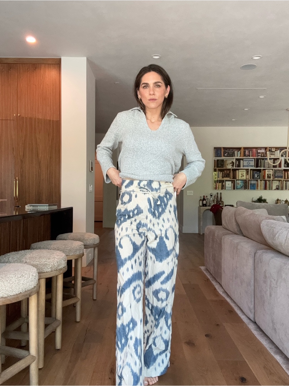 Zara Cream & Blue Wide-Leg Ikat Print Pants